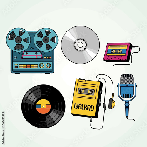 Retro Audio Equipment Collection: Reel-to-Reel, Vinyl, CD, Cassette Player, Walkman, Microphone