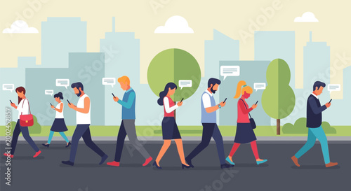 Diverse Group of People Walking While Using Smartphones Outdoors.