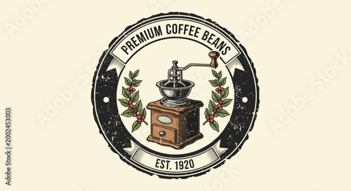 Vintage coffee grinder and beans logo est 1920