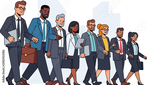 Diverse Group of Professional Business People Walking Together in Formal Attire.