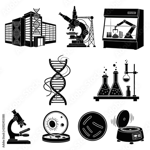 Science and Research Icons: DNA, Microscope, Lab Equipment, Cell, Petri Dish
