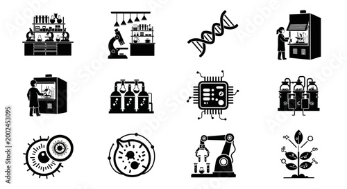 Science and Technology Icons: DNA, Microscope, Robot Arm, DNA, Lab Equipment