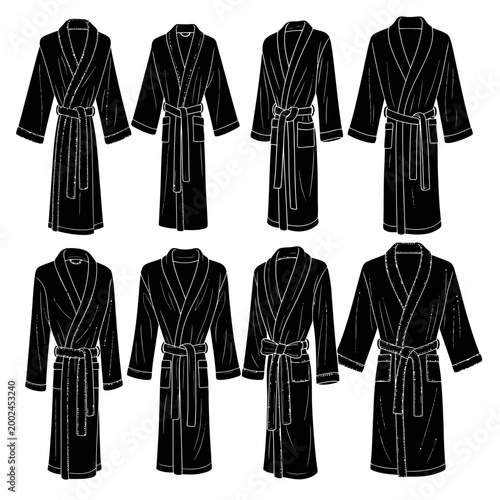 Set of black bathrobe icons, isolated on white background. Vector illustration.