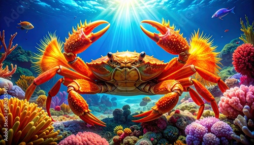 vibrant red crab on coral reef with sunlight rays underwater scene