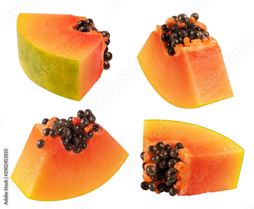 Set of sliced ​​papaya pieces isolated on transparent background.