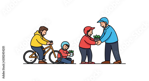 People exchanging gifts, riding bicycles, and sharing flowers in a friendly scene.