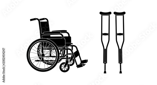 Wheelchair and Crutches Icon Set - Mobility Aid and Assistance Symbols