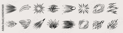 A collection of hand drawn doodle sketches featuring various motion lines, impact effects, energetic bursts, and swirling wind speed symbols.