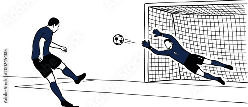 Soccer penalty kick with goalkeeper dive and ball in motion