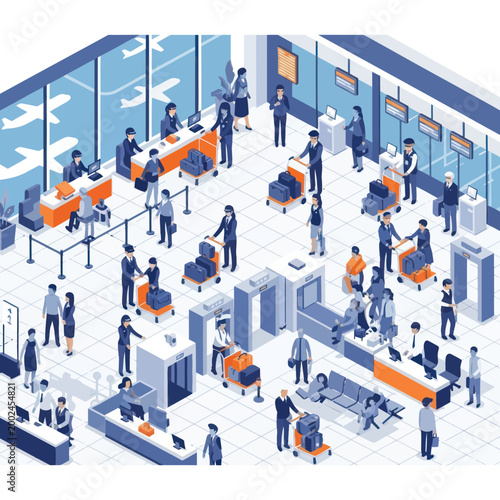 Airport Security Checkpoint with Travelers and Staff.
