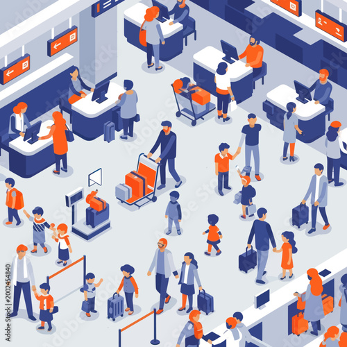 Busy Airport Check-in Counter with Travelers and Luggage.