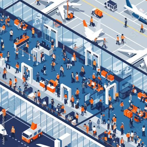 Busy airport security checkpoint with passengers and staff.