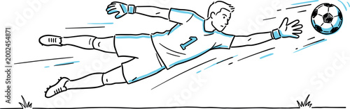 Goalkeeper diving to save soccer ball in minimalist line art