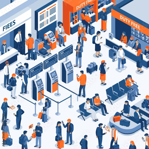 Busy Airport Terminal with Travelers and Check-in Counters.
