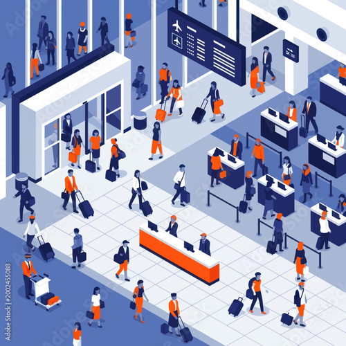 Busy Airport Terminal with Travelers and Check-in Counters.