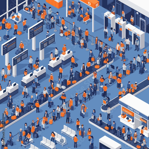 Busy Airport Terminal with Travelers and Check-in Counters.