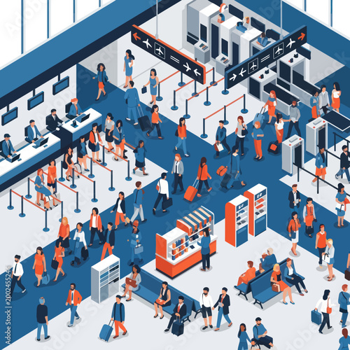 Busy Airport Terminal with Travelers and Security Checkpoints.