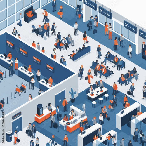 Busy Airport Terminal with Travelers and Staff.