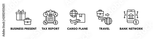 Cross Border Business web icon illustration concept with icon of business present, tax report, cargo plane, travel, and bank network