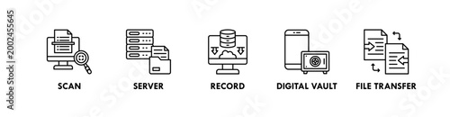 Archive System web icon illustration concept with icon of scan, server, record, digital vault, and file transfer