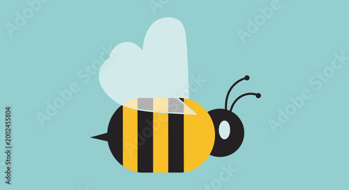 Cute flying bee cartoon illustration on blue background.