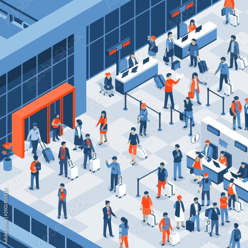 Crowded Airport Terminal with Travelers and Check-in Counters.