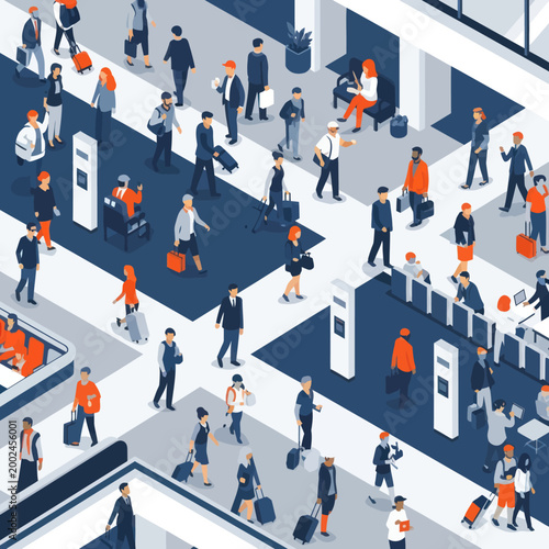 Diverse crowd of people in a modern transit hub.