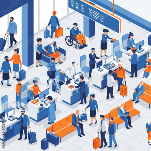 Diverse group of people at airport check-in and security.