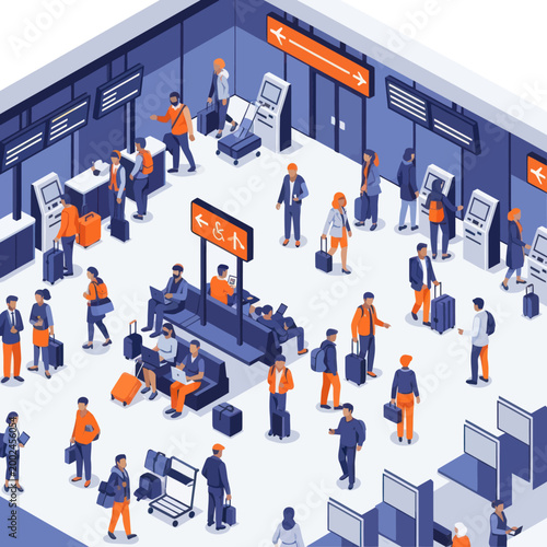 Diverse Group of People Traveling Through a Busy Airport Terminal.