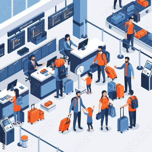 Diverse group of travelers at airport check-in counter with luggage.