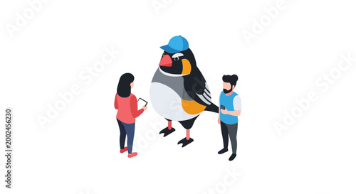 People interacting with a large cartoon bird wearing a hat.