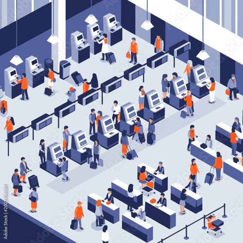 Isometric airport check-in counters with passengers and staff.