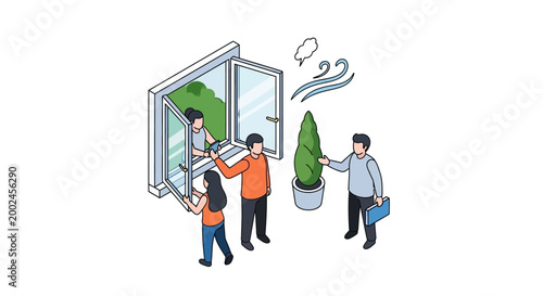 People Opening Window and Bringing Plant Inside Fresh Air Concept.