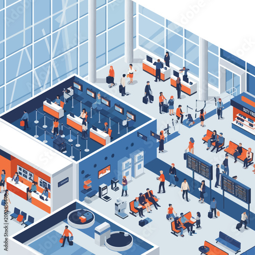 Isometric Airport Terminal with Travelers and Check-in Counters.