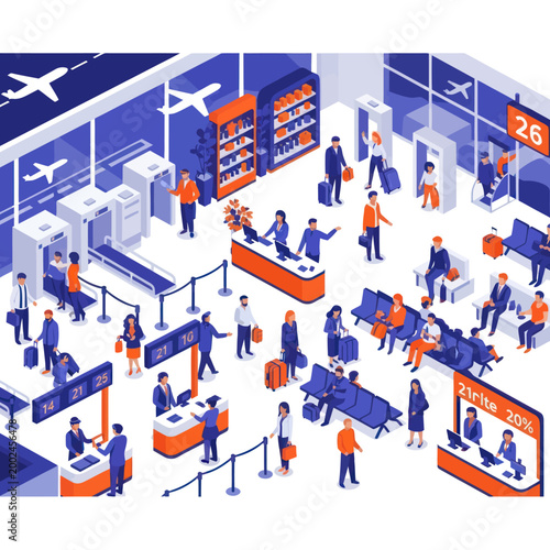Isometric airport terminal with passengers checking in and waiting.