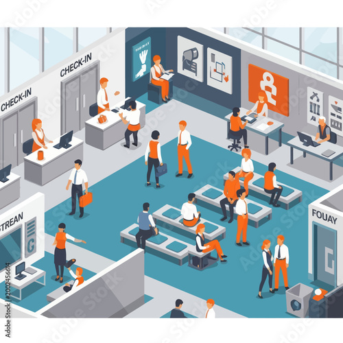 Isometric illustration of people in a busy airport terminal waiting area.