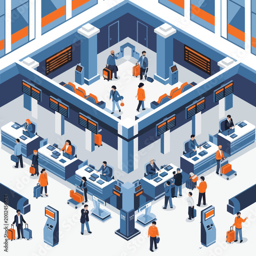 Isometric view of busy airport check-in counters with travelers and staff.