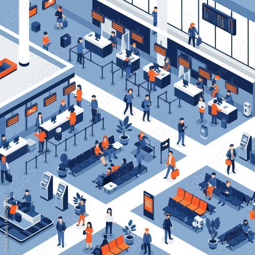 Isometric view of busy airport terminal with passengers and staff.