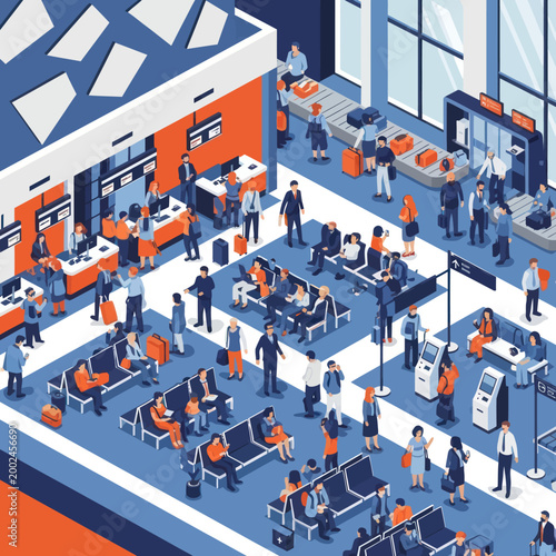 Isometric view of busy airport terminal with passengers and staff.