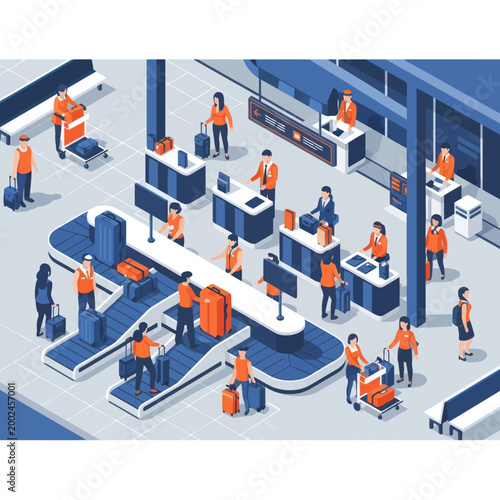 People at airport check-in counters with luggage and conveyor belts.