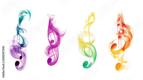 Four stylized musical notes in a watercolor style, each with a unique color gradient