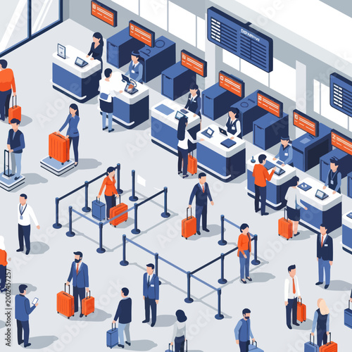 People queuing at airport check-in counters with luggage.