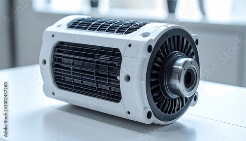 Solar vehicle technology electric motor closeup on table clean design for sustainable energy drivetrain research concept