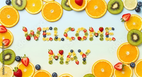 vibrant fresh fruit welcome sign on light background for summer events