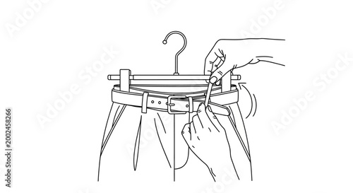 Persons Hands Adjusting Belt on Pants Hanging from Hanger.