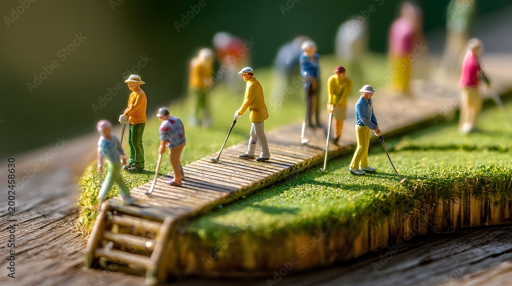 Obraz premium Miniature Golfers on a Wooden Bridge - A Whimsical Scene of Leisure and Play.