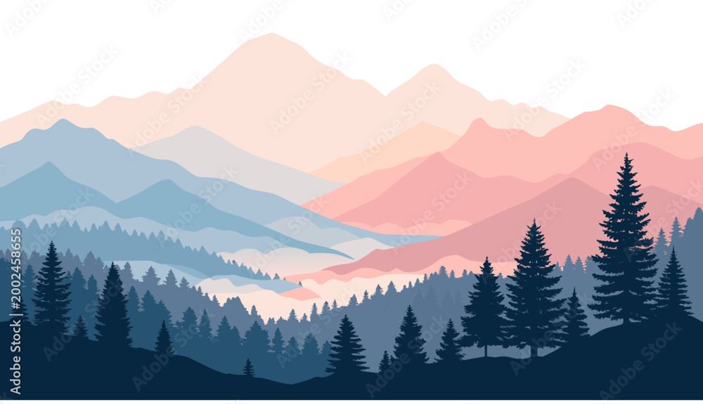 Obraz premium Silhouette of pine trees landscape view.