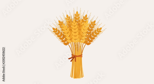 Flat vector illustration of a golden wheat stalks sheaf tied with a ribbon.