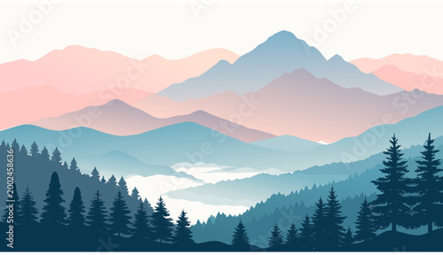 Mountains and trees in landscape view.