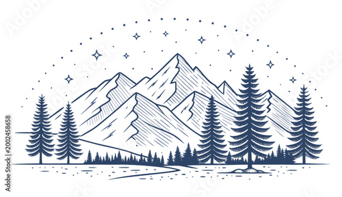 Snowy Mountain Peaks with Pine Trees.